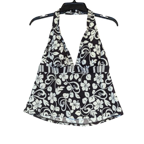 Caribbean Joe Halter Tankini Top Floral Print Padded Cups Brown & White Size 14 - Picture 1 of 4